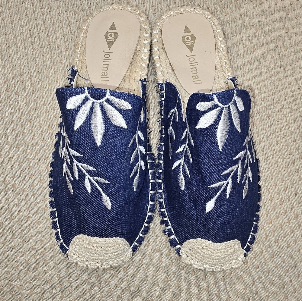 Jolimall Women Slip on Denim  Woven Embroidered Flat Slides Size 8 Blue